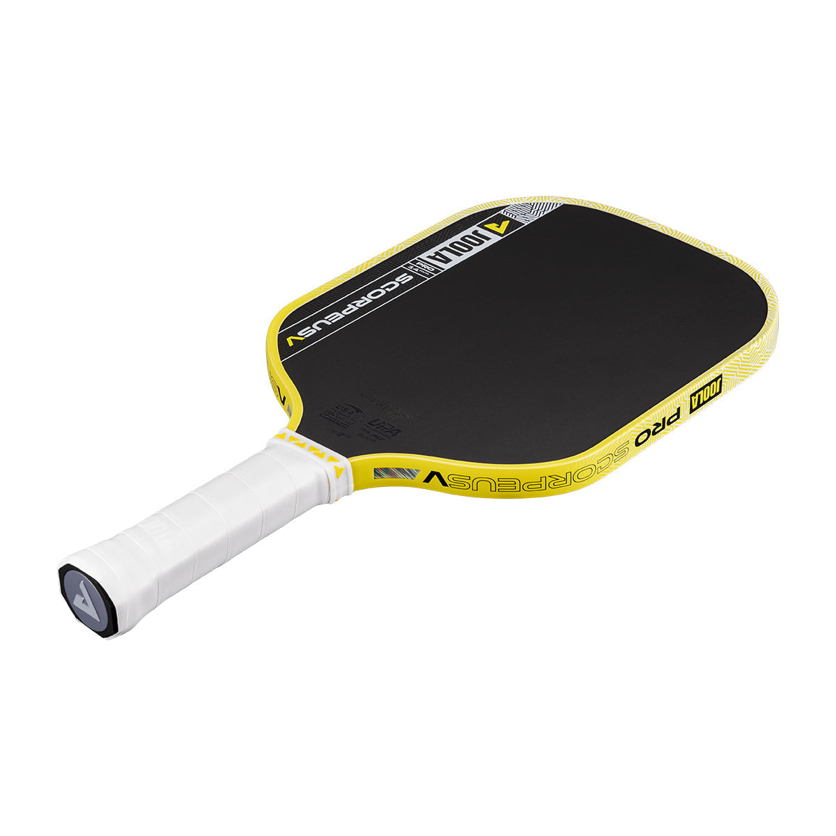 The JOOLA Scorpeus Pro V 14mm Anna Bright Yellow Pickleball Paddle, featuring black and yellow accents and a white wrapped handle, is displayed on a white background.