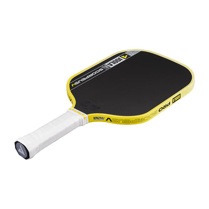 The JOOLA Scorpeus Pro V 14mm Anna Bright Yellow Pickleball Paddle, featuring black and yellow accents and a white wrapped handle, is displayed on a white background.