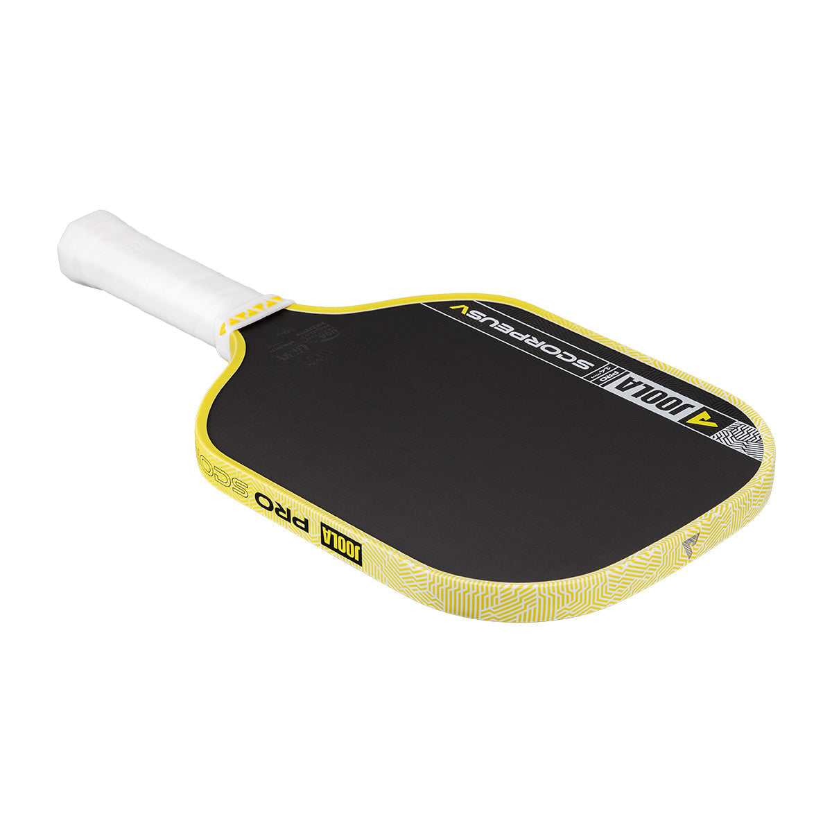 The JOOLA Scorpeus Pro V 14mm Anna Bright Yellow Pickleball Paddle, featuring black and yellow carbon fiber with a white grip, is shown against a white background.