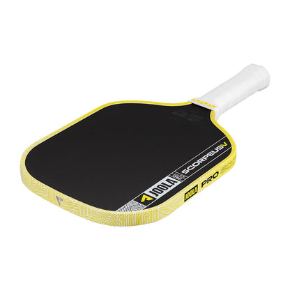 A JOOLA Scorpeus Pro V 14mm Anna Bright Yellow Pickleball Paddle by JOOLA, featuring black and yellow colors, a white grip, and carbon fiber construction, is displayed on a white background.