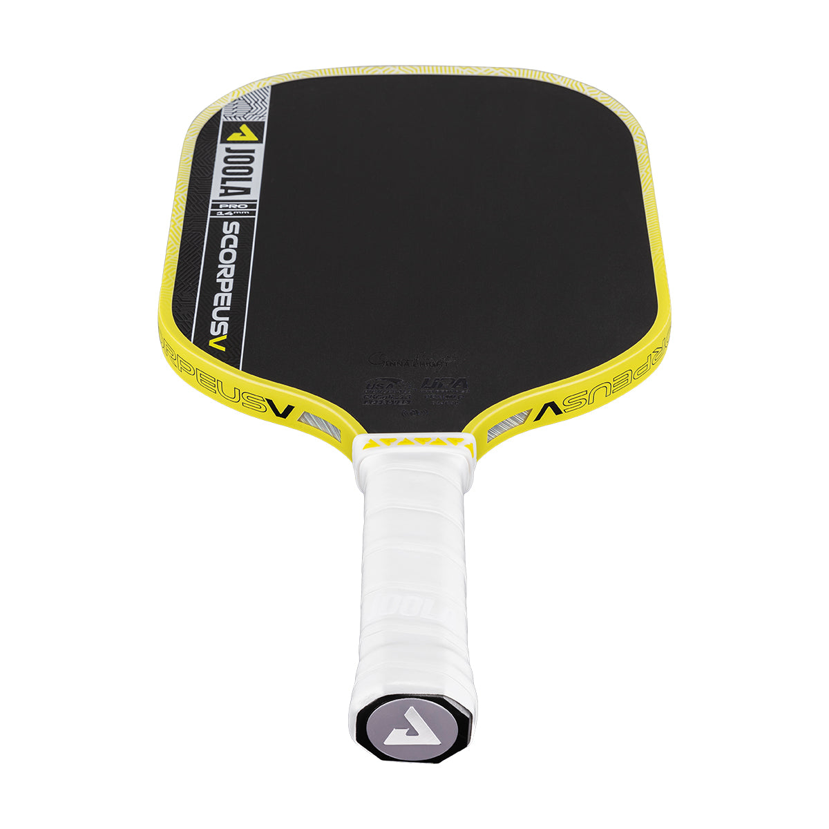 The JOOLA Scorpeus Pro V 14mm Anna Bright Yellow Pickleball Paddle features a black and yellow design with a white grip, premium carbon fiber construction, and is ideal for advanced players.
