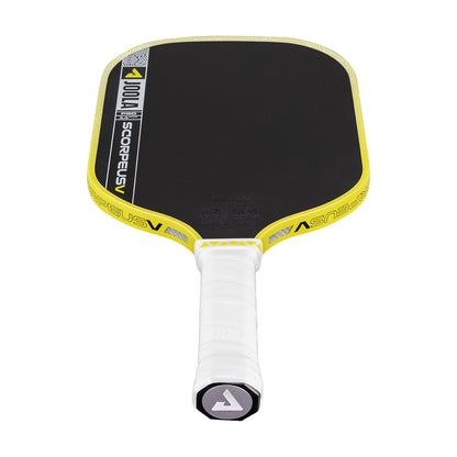 The JOOLA Scorpeus Pro V 14mm Anna Bright Yellow Pickleball Paddle features a black and yellow design with a white grip, premium carbon fiber construction, and is ideal for advanced players.