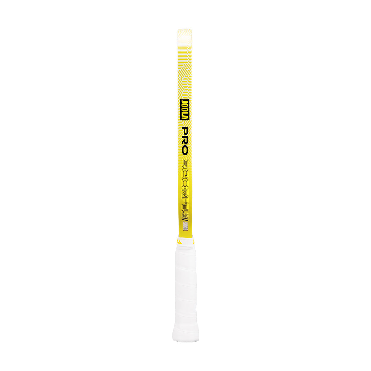 The JOOLA Scorpeus Pro V 14mm Anna Bright Yellow Pickleball Paddle stands upright against a white background—ideal for players who appreciate the performance of a premium carbon fiber paddle.