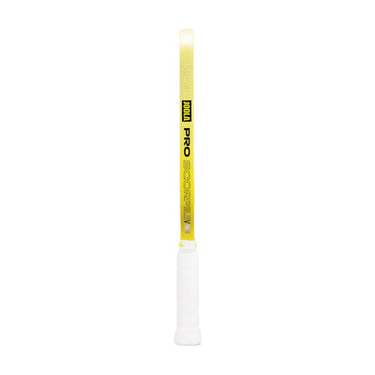 The JOOLA Scorpeus Pro V 14mm Anna Bright Yellow Pickleball Paddle stands upright against a white background—ideal for players who appreciate the performance of a premium carbon fiber paddle.