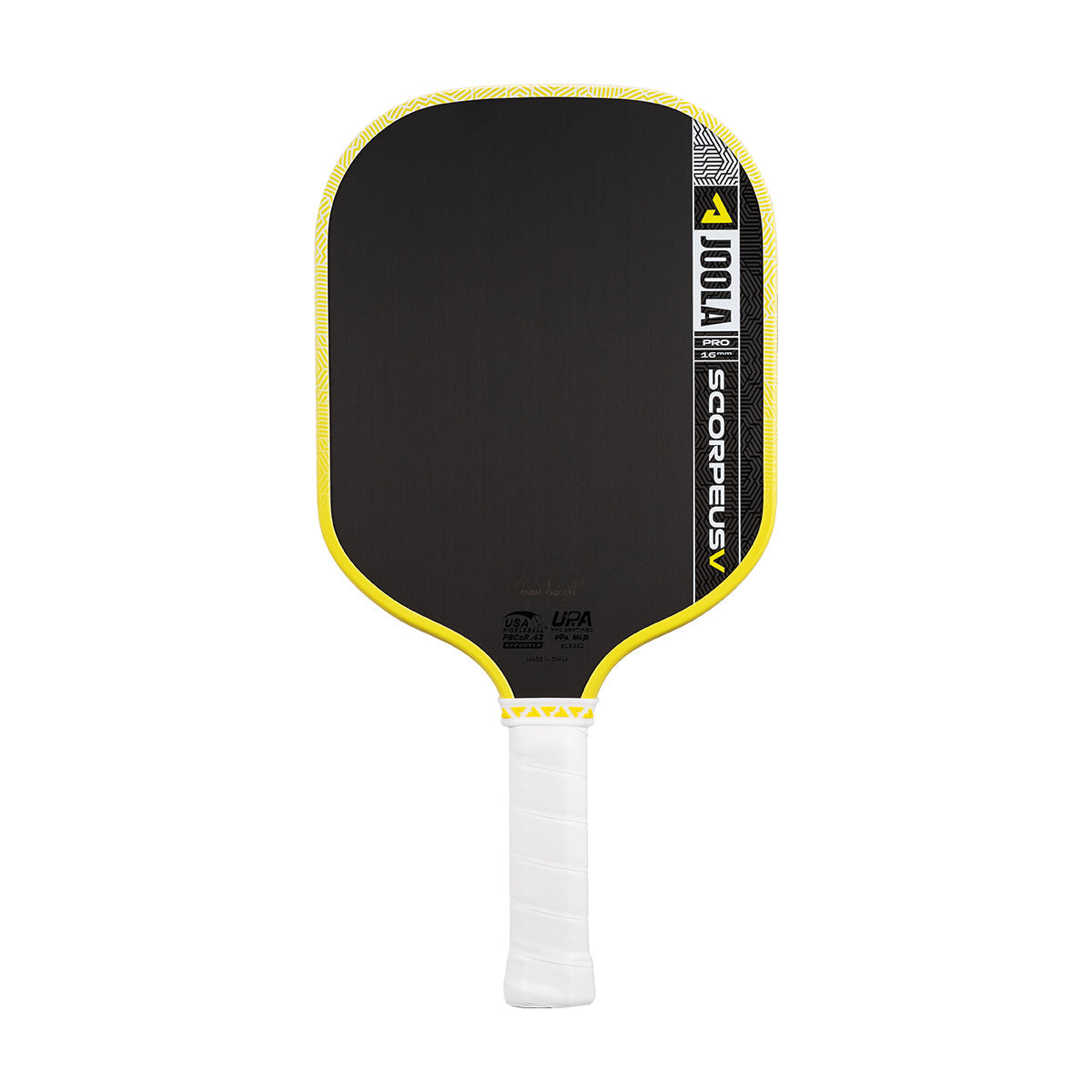 The JOOLA Scorpeus Pro V 16mm Anna Bright Yellow Pickleball Paddle features black and yellow design with a white grip, shown against a white background.