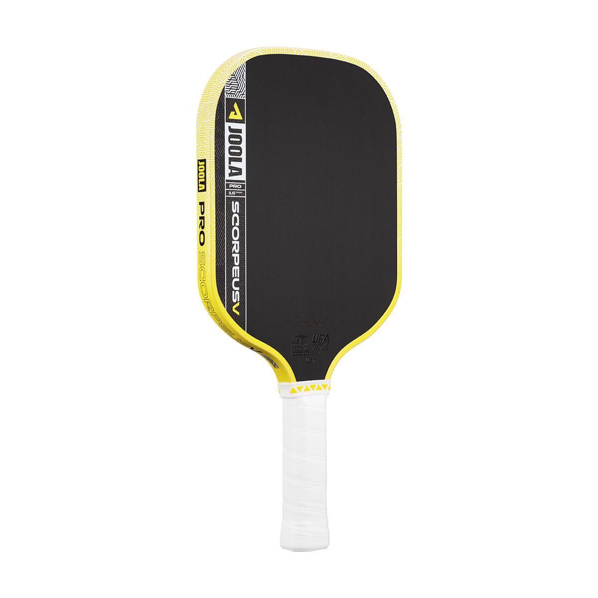 The JOOLA Scorpeus Pro V 16mm Anna Bright Yellow Pickleball Paddle features a black face, yellow edge, and white grip, displayed on a white background.