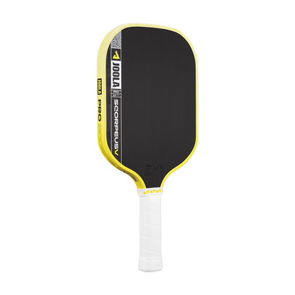 The JOOLA Scorpeus Pro V 16mm Anna Bright Yellow Pickleball Paddle features a black face, yellow edge, and white grip, displayed on a white background.