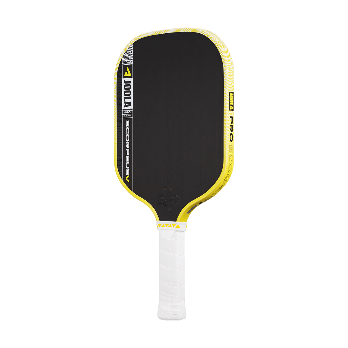 The JOOLA Scorpeus Pro V 16mm Anna Bright Yellow Pickleball Paddle features a black face, yellow edge, and white grip with a carbon fiber build, displayed on a plain white background.