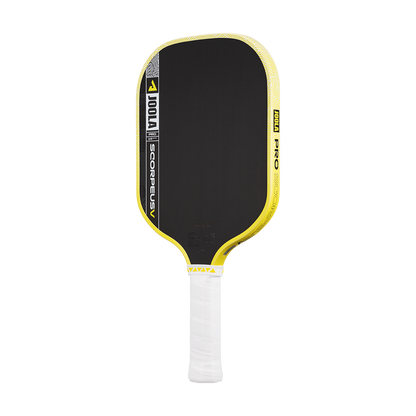 The JOOLA Scorpeus Pro V 16mm Anna Bright Yellow Pickleball Paddle features a black face, yellow edge, and white grip with a carbon fiber build, displayed on a plain white background.