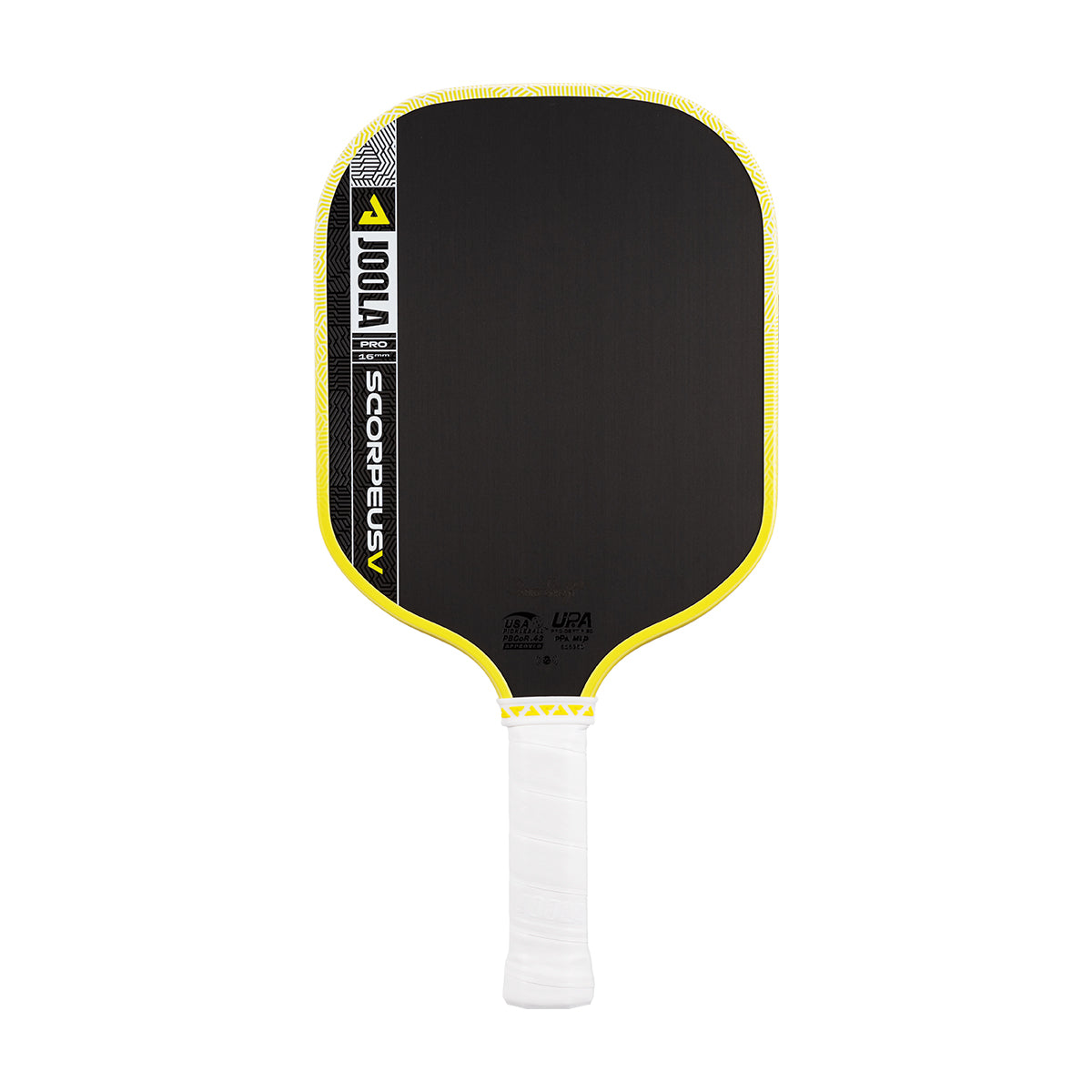 The JOOLA Scorpeus Pro V 16mm Anna Bright Yellow Pickleball Paddle features a black design with yellow trim and a white grip, shown against a white background.