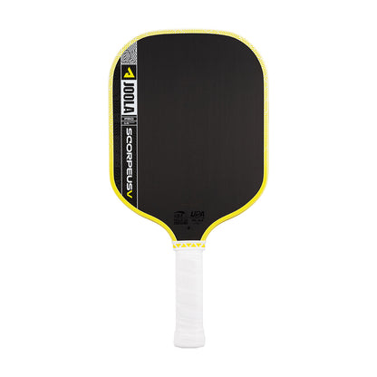 The JOOLA Scorpeus Pro V 16mm Anna Bright Yellow Pickleball Paddle features a black design with yellow trim and a white grip, shown against a white background.