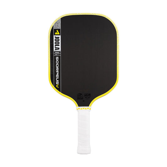 The JOOLA Scorpeus Pro V 16mm Anna Bright Yellow Pickleball Paddle features a black design with yellow trim and a white grip, shown against a white background.