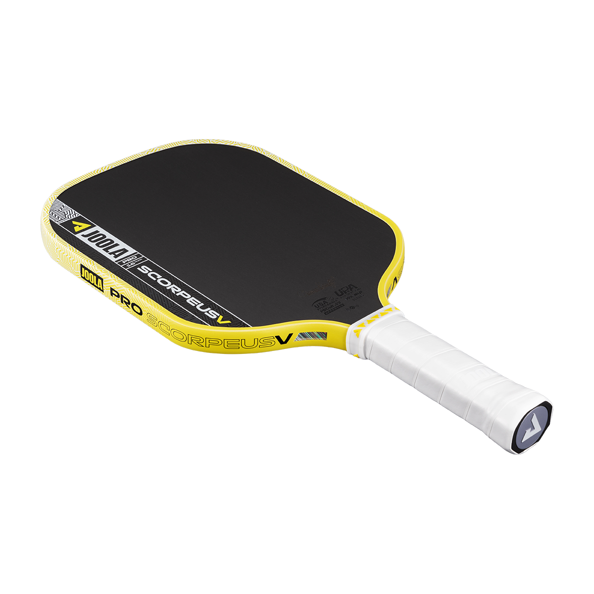 A JOOLA Scorpeus Pro V 16mm Anna Bright Yellow Pickleball Paddle with a white grip and black-yellow design, shown on a white background.