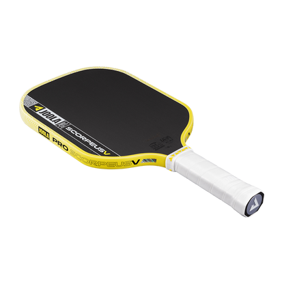 A JOOLA Scorpeus Pro V 16mm Anna Bright Yellow Pickleball Paddle with a white grip and black-yellow design, shown on a white background.