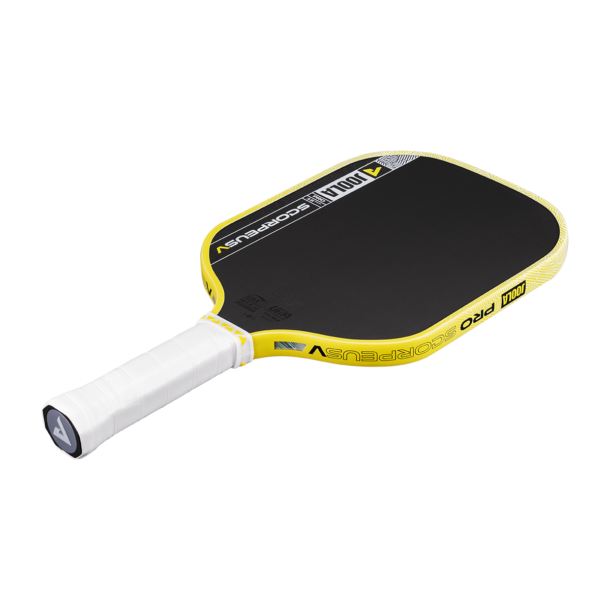 The JOOLA Scorpeus Pro V 16mm Anna Bright Yellow Pickleball Paddle, featuring a bold yellow design and made for serious players, is displayed on a white background—ideal for professional pickleball enthusiasts.