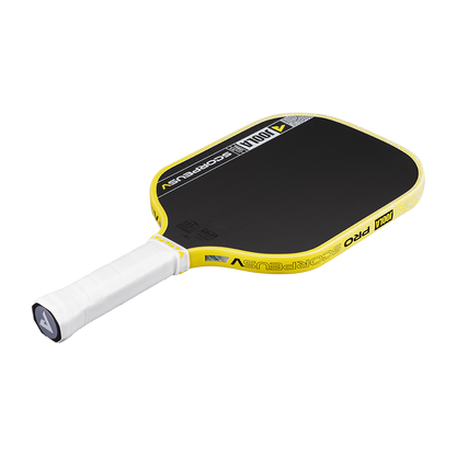 The JOOLA Scorpeus Pro V 16mm Anna Bright Yellow Pickleball Paddle, featuring a bold yellow design and made for serious players, is displayed on a white background—ideal for professional pickleball enthusiasts.