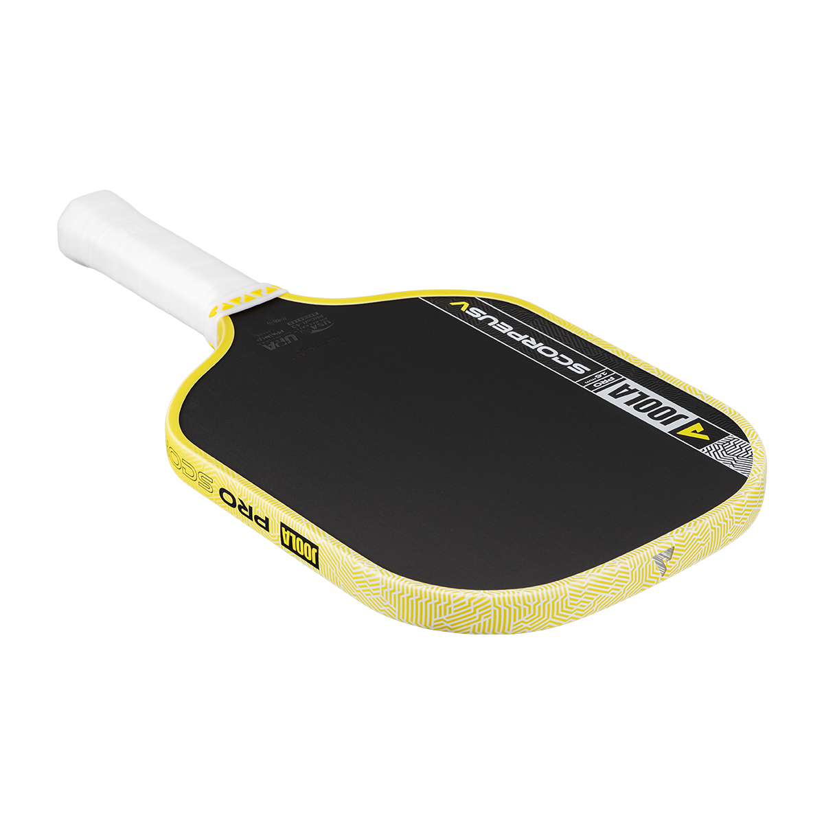 The JOOLA Scorpeus Pro V 16mm Anna Bright Yellow Pickleball Paddle features a carbon fiber face in black and yellow with a white handle, showcasing the JOOLA brand name and logo on its surface and edge.