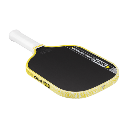 The JOOLA Scorpeus Pro V 16mm Anna Bright Yellow Pickleball Paddle features a carbon fiber face in black and yellow with a white handle, showcasing the JOOLA brand name and logo on its surface and edge.