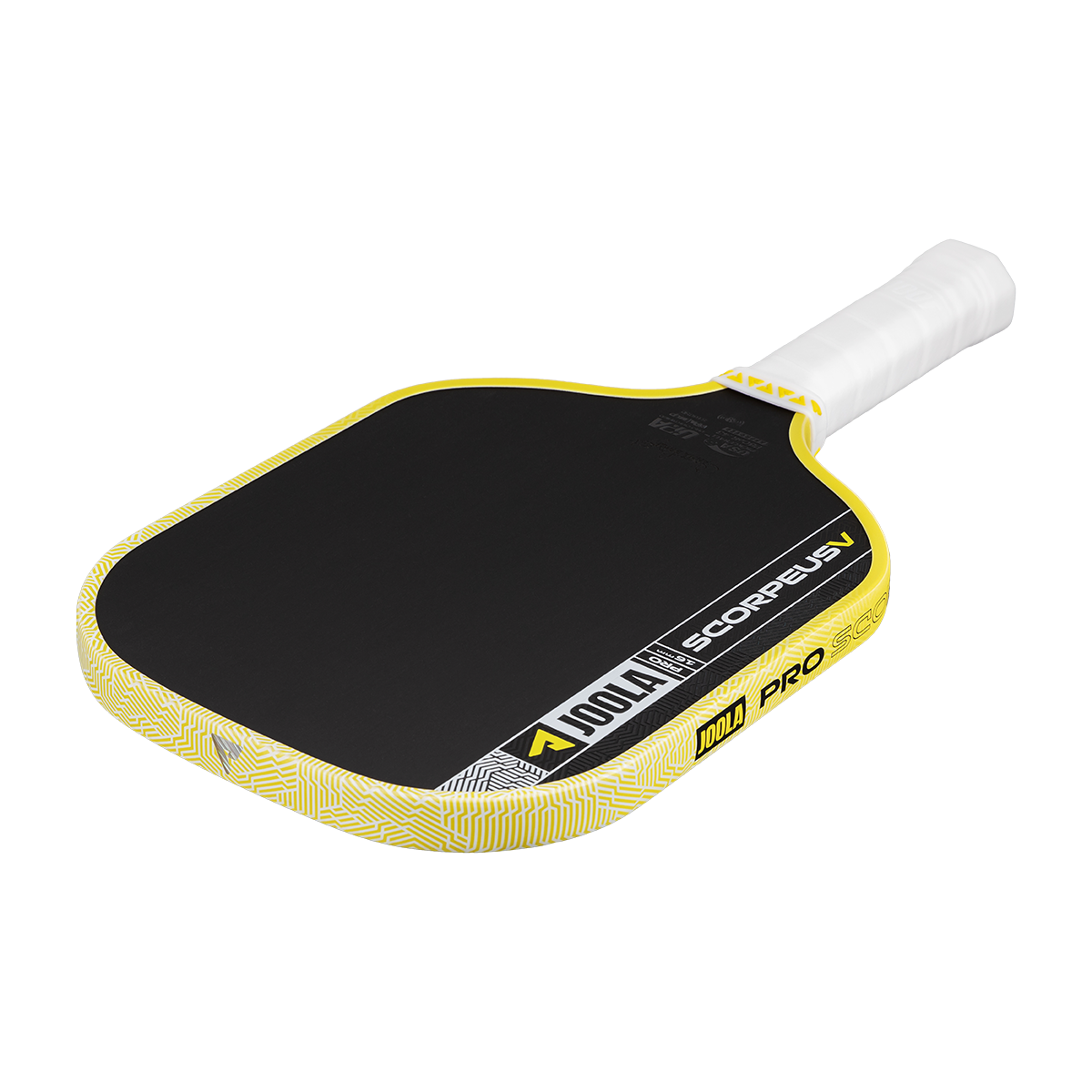 The JOOLA Scorpeus Pro V 16mm Anna Bright Yellow Pickleball Paddle features a black and yellow geometric design with a white handle, ideal for professional players seeking high-performance equipment.