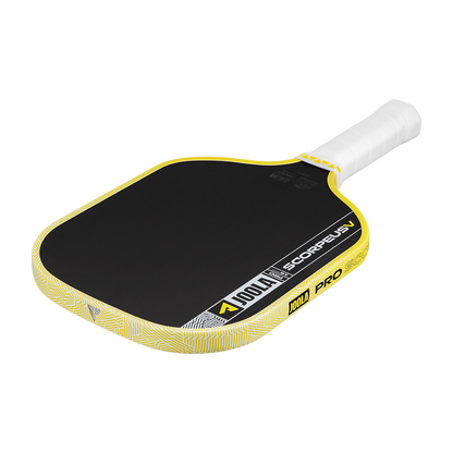 The JOOLA Scorpeus Pro V 16mm Anna Bright Yellow Pickleball Paddle features a black and yellow geometric design with a white handle, ideal for professional players seeking high-performance equipment.