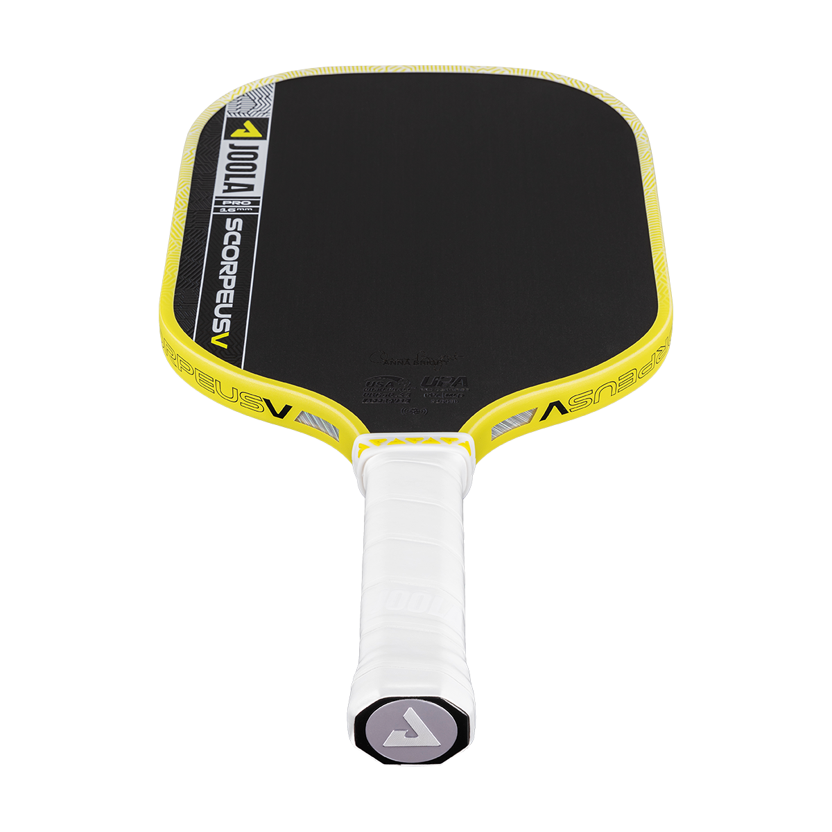 The JOOLA Scorpeus Pro V 16mm Anna Bright Yellow Pickleball Paddle, featuring a black and yellow design with a white handle, is displayed against a plain white background.