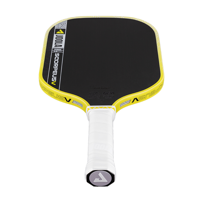 The JOOLA Scorpeus Pro V 16mm Anna Bright Yellow Pickleball Paddle, featuring a black and yellow design with a white handle, is displayed against a plain white background.