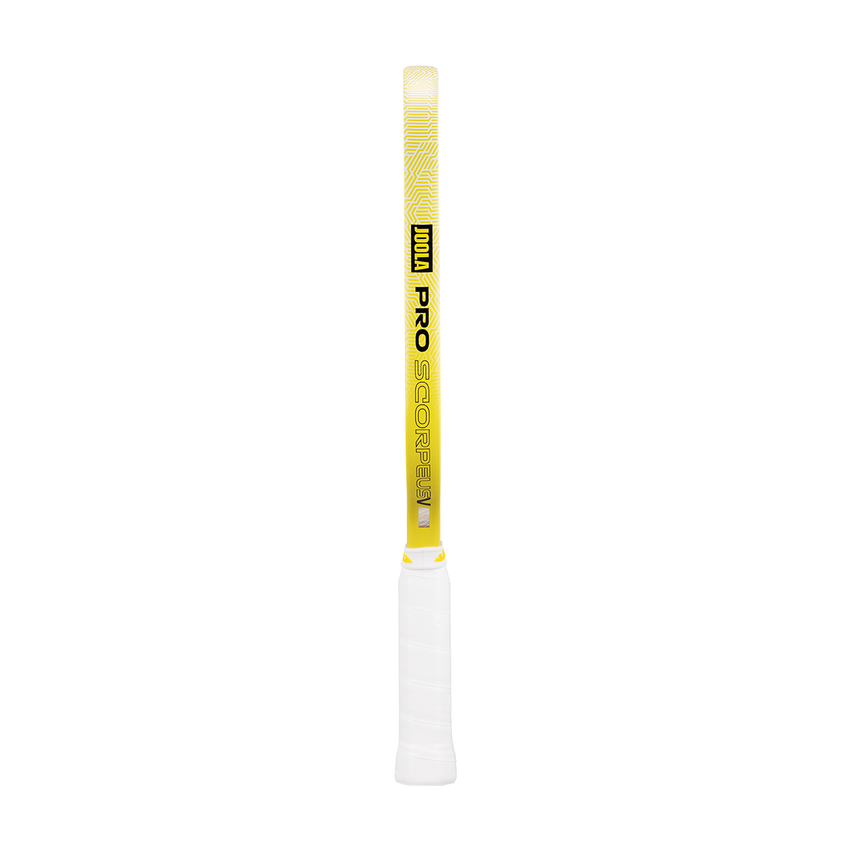 A yellow pickleball paddle, the JOOLA Scorpeus Pro V 16mm Anna Bright by JOOLA, is shown against a white background and features a professional design similar to high-end carbon fiber paddles.
