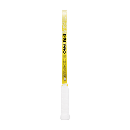 A yellow pickleball paddle, the JOOLA Scorpeus Pro V 16mm Anna Bright by JOOLA, is shown against a white background and features a professional design similar to high-end carbon fiber paddles.