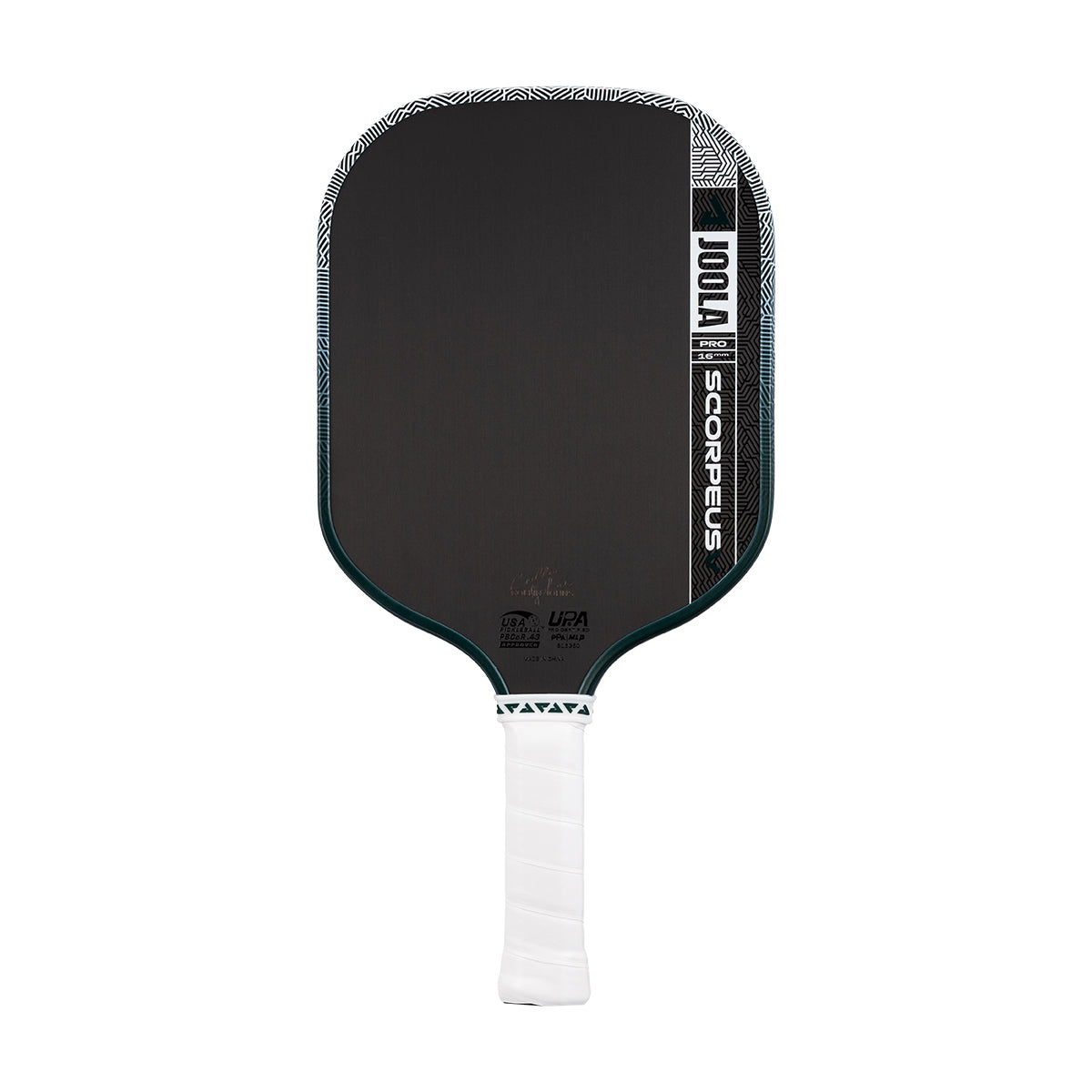 The JOOLA Scorpeus Pro V 16mm Collin Johns Club Green Pickleball Paddle combines peak performance and signature Collin Johns design, making it an elite choice for serious players.