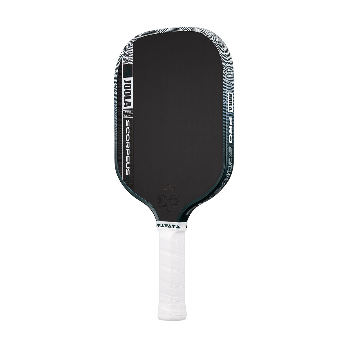 The JOOLA Scorpeus Pro V 16mm Collin Johns Club Green Pickleball Paddle by JOOLA is shown on a plain white background, showcasing its professional design and distinctive style.