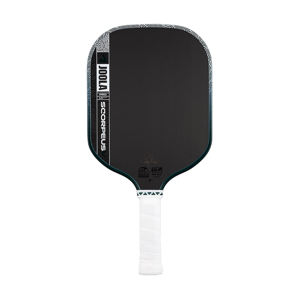 The JOOLA Scorpeus Pro V 16mm Collin Johns Club Green Pickleball Paddle, part of the Collin Johns signature collection, features a pro design by JOOLA.