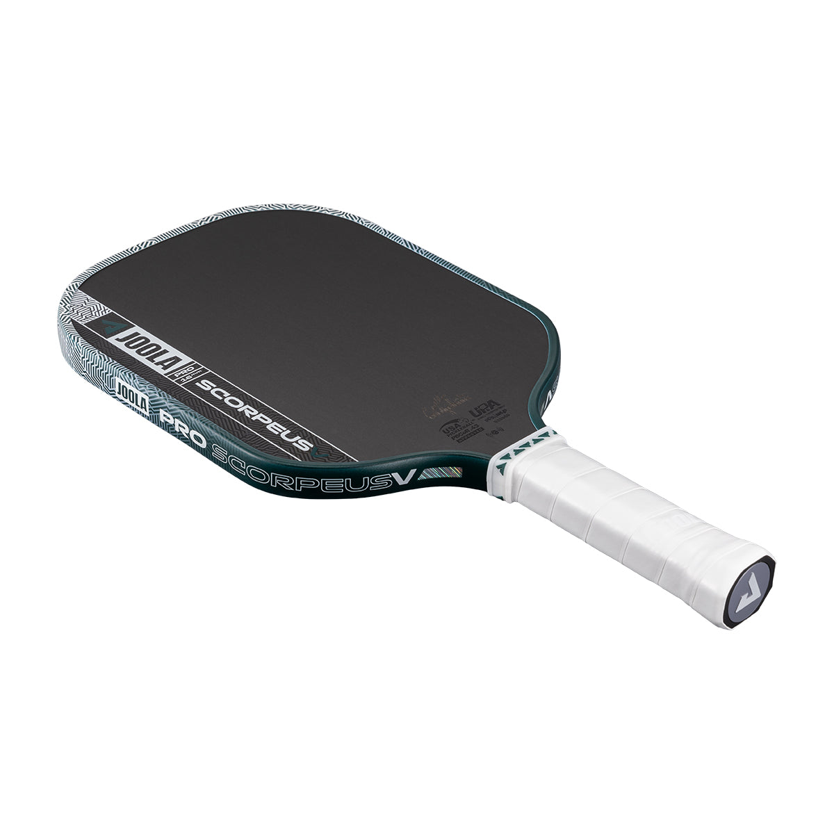 The JOOLA Scorpeus Pro V 16mm Collin Johns Club Green Pickleball Paddle is shown with a black carbon fiber face, white grip, teal accents, and JOOLA branding on the edge and handle, displayed against a white background. Designed for peak performance.