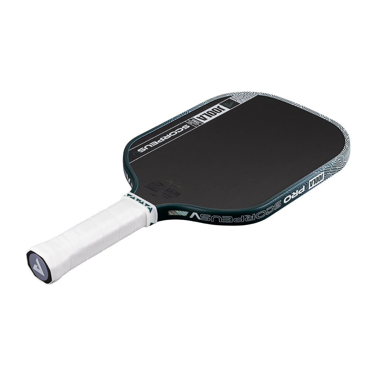 The JOOLA Scorpeus Pro V 16mm Collin Johns Club Green Pickleball Paddle features a black carbon fiber face, white grip, and JOOLA branding on the edge, showcased against a plain white background.