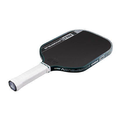 The JOOLA Scorpeus Pro V 16mm Collin Johns Club Green Pickleball Paddle features a black carbon fiber face, white grip, and JOOLA branding on the edge, showcased against a plain white background.