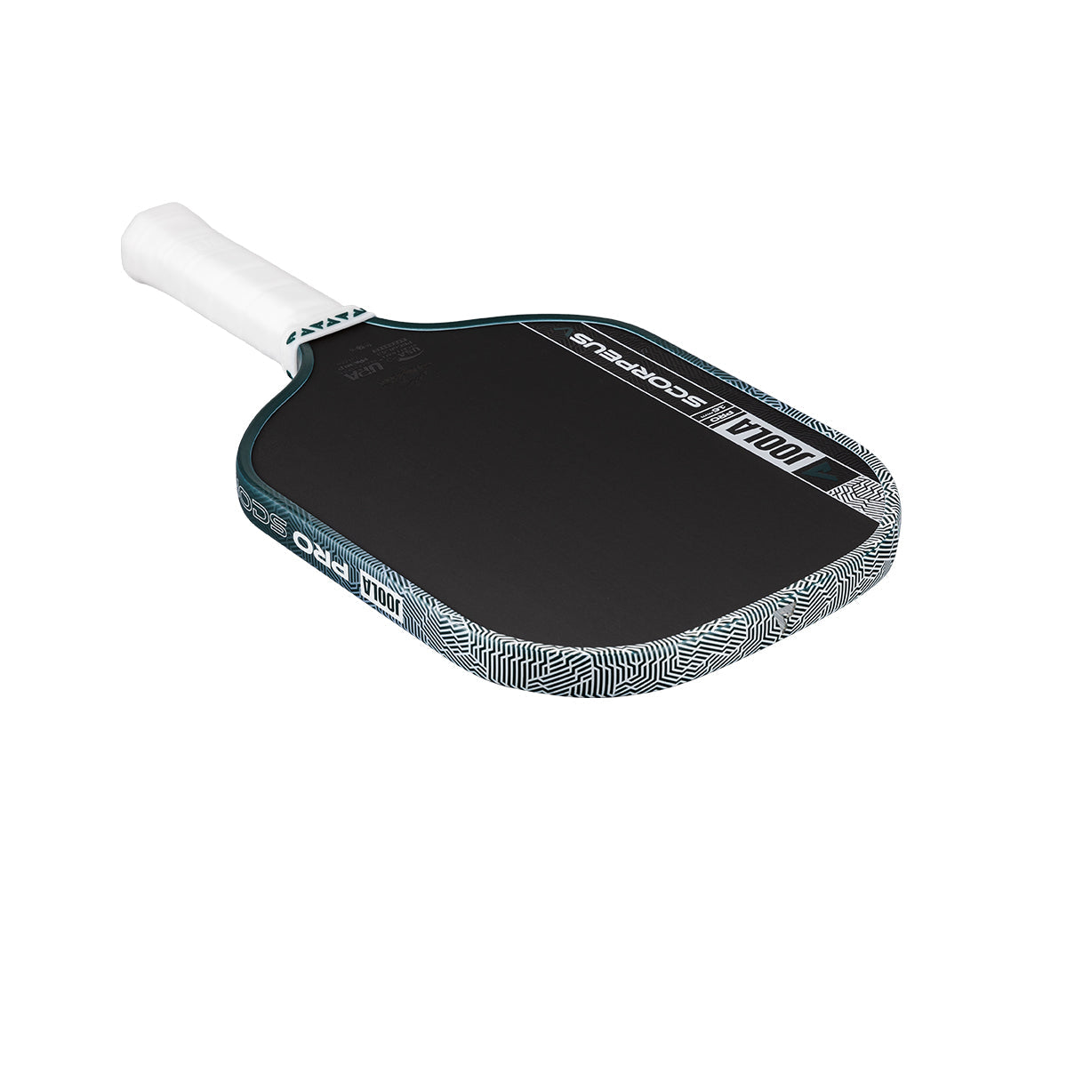 The JOOLA Scorpeus Pro V 16mm Collin Johns Club Green Pickleball Paddle features a white handle, geometric edge patterns, Collin Johns’ signature, and “JOOLA” branding.
