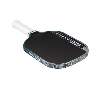 The JOOLA Scorpeus Pro V 16mm Collin Johns Club Green Pickleball Paddle features a white handle, geometric edge patterns, Collin Johns’ signature, and “JOOLA” branding.