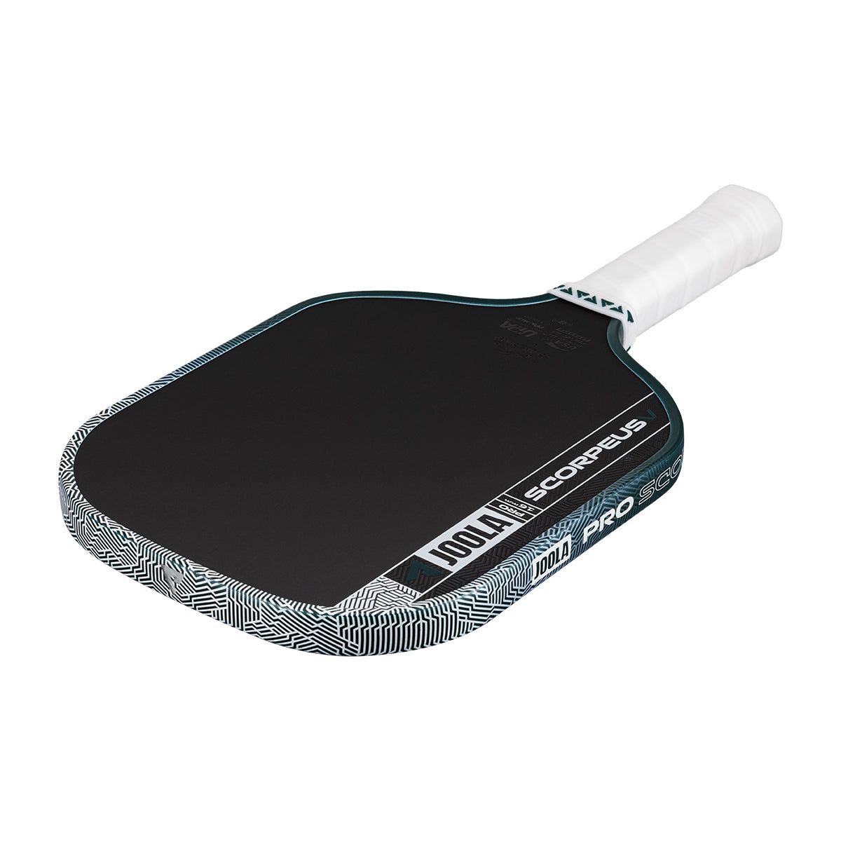 A JOOLA Scorpeus Pro V 16mm Collin Johns Club Green Pickleball Paddle with a black carbon fiber face, patterned edge, and white grip is shown on a white background.