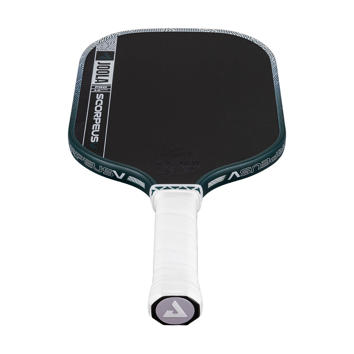 The JOOLA Scorpeus Pro V 16mm Collin Johns Club Green Pickleball Paddle features a black, green, and white design—crafted by JOOLA for professional-level pickleball players seeking elite performance.