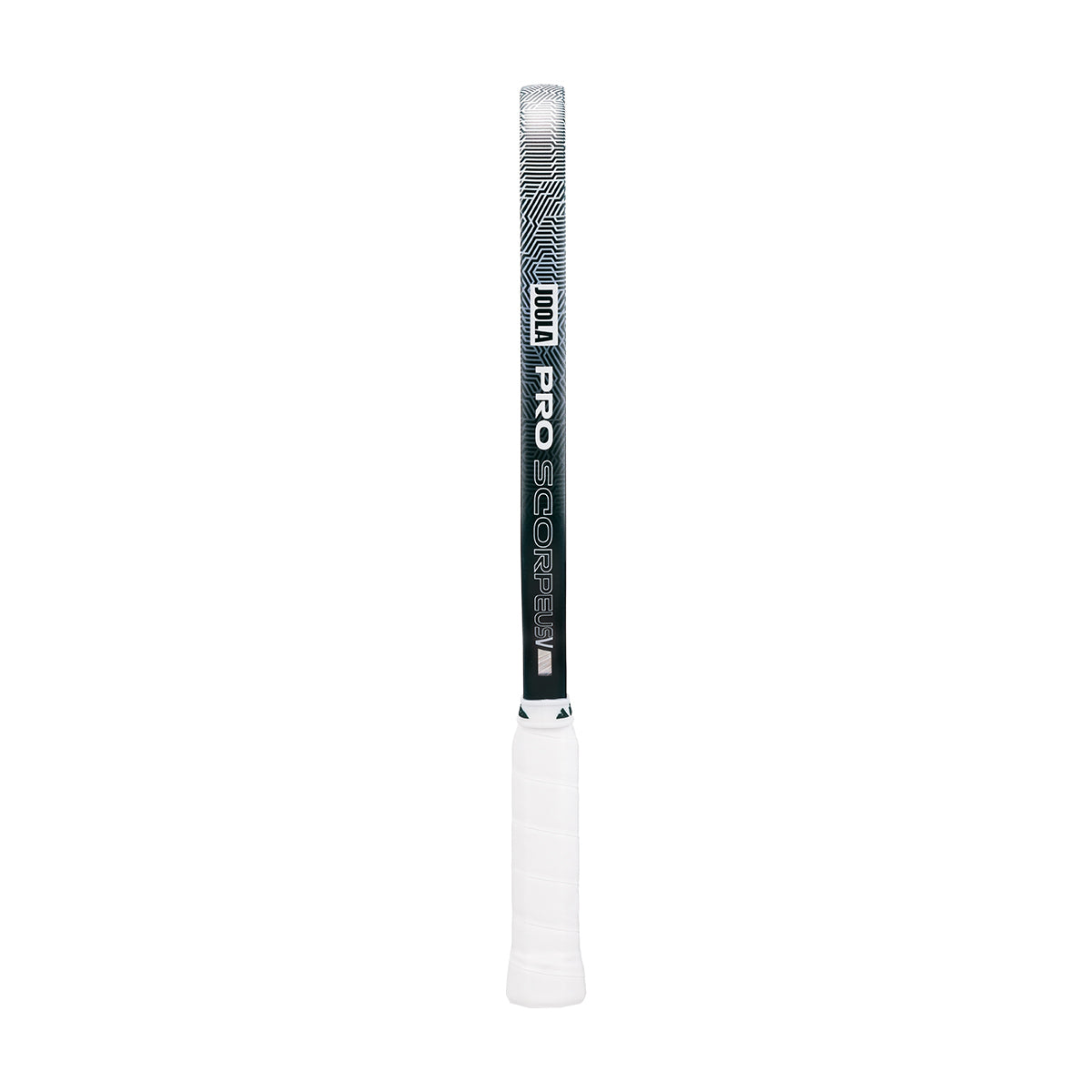 The JOOLA Scorpeus Pro V 16mm Collin Johns Club Green Pickleball Paddle, featuring "PRO SCORP" on the shaft, stands upright against a plain white background.