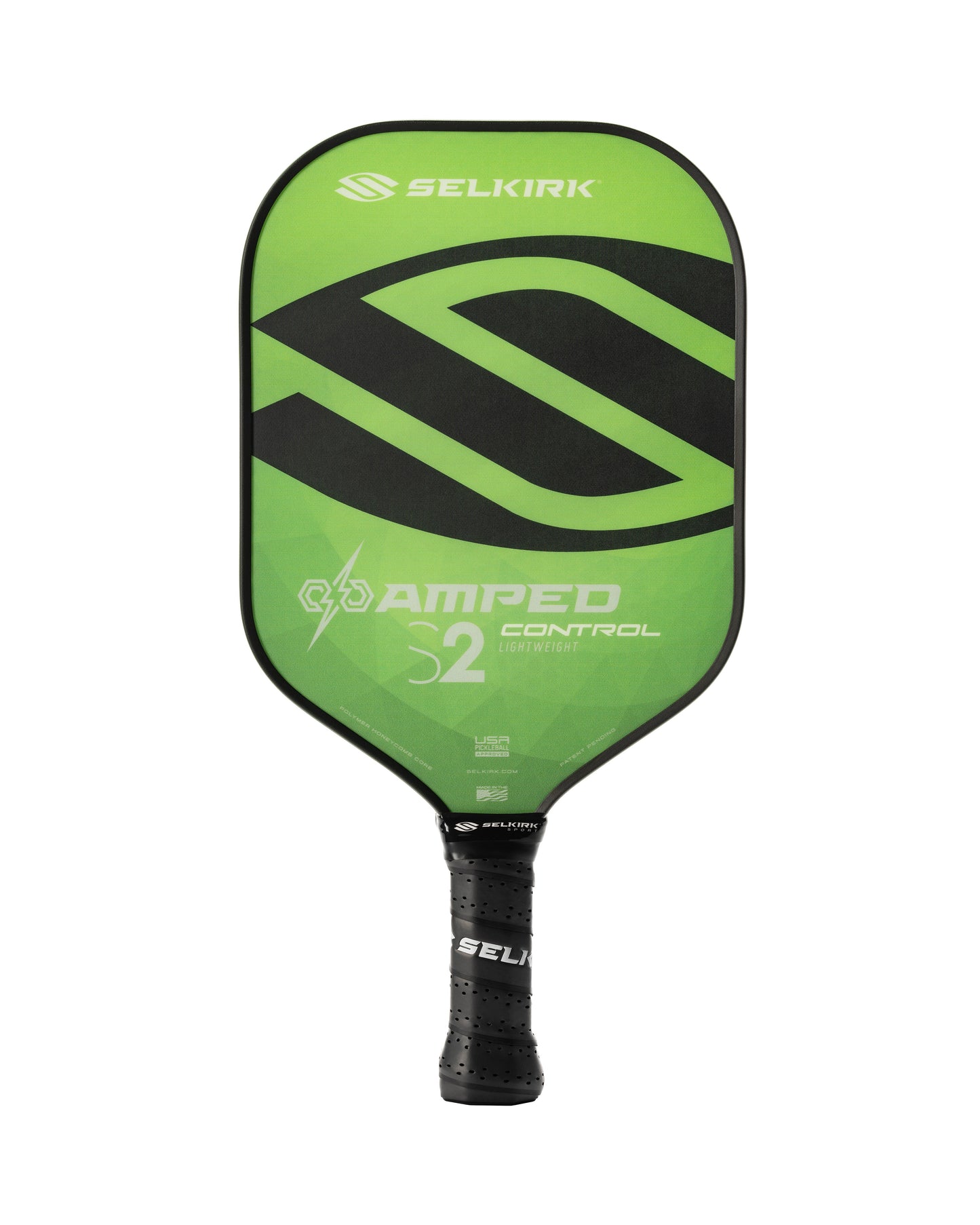 The Selkirk AMPED Control S2 16mm Pickleball Paddle features a green face, black handle, and includes the "Amped Control S2" text along with the Selkirk logo.