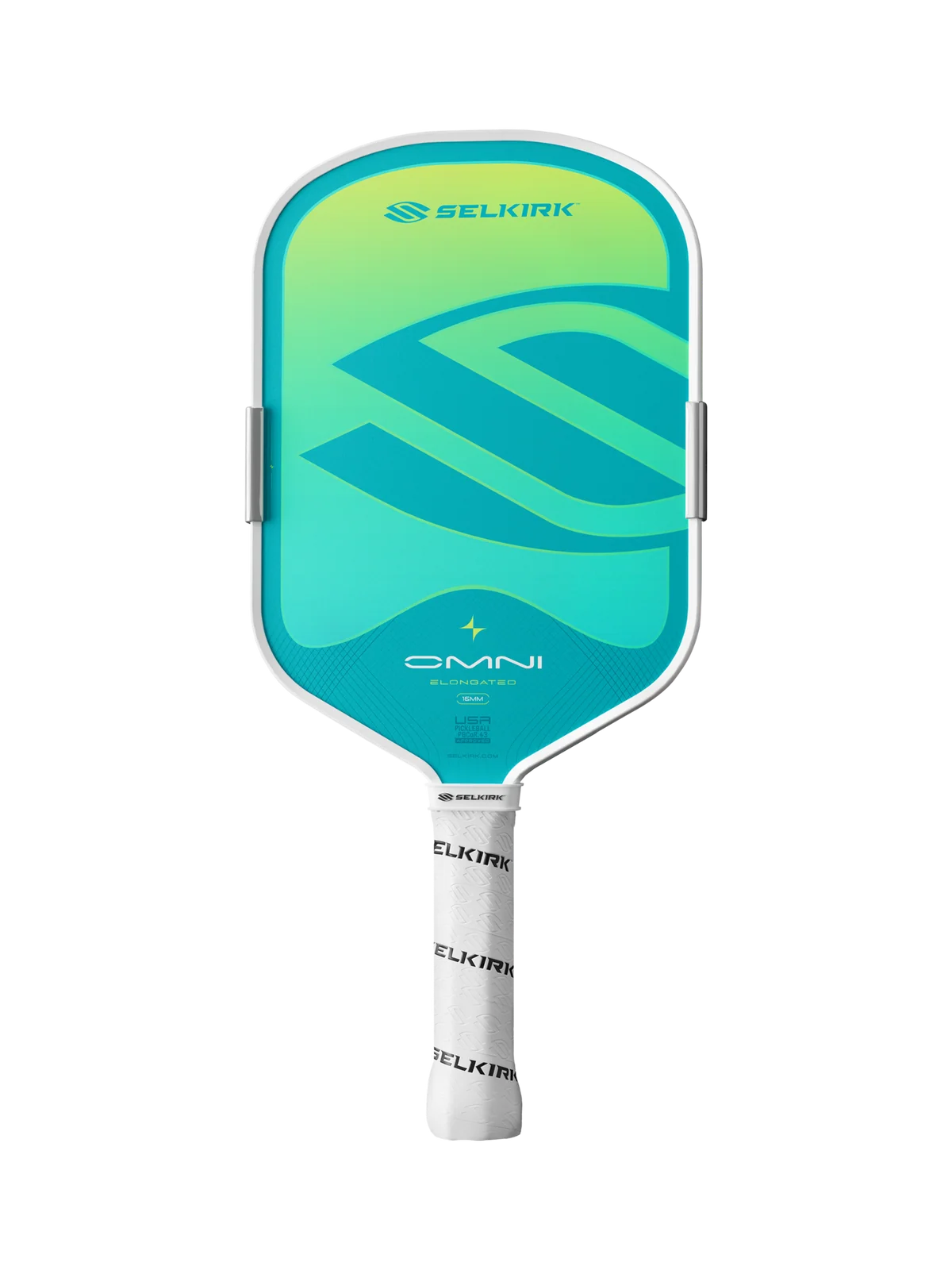 The Selkirk OMNI Elongated 16mm Pickleball Paddle features a striking turquoise face with the iconic Selkirk branding and a white handle, making it an ideal choice for players who want an all-court paddle.