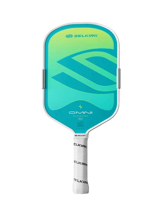 The Selkirk OMNI Elongated 16mm Pickleball Paddle features a striking turquoise face with the iconic Selkirk branding and a white handle, making it an ideal choice for players who want an all-court paddle.