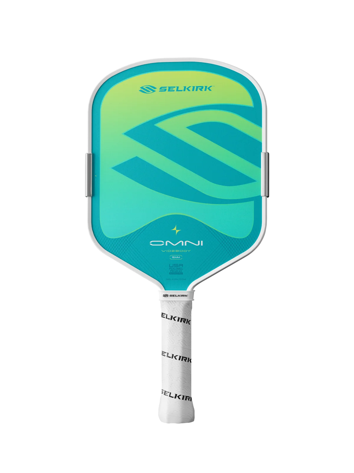 The Selkirk OMNI Widebody 16mm Pickleball Paddle by Selkirk features a turquoise face with a bold “S” logo and a white handle wrapped in branded grip tape, making it an all-court paddle designed to elevate your pickleball game.