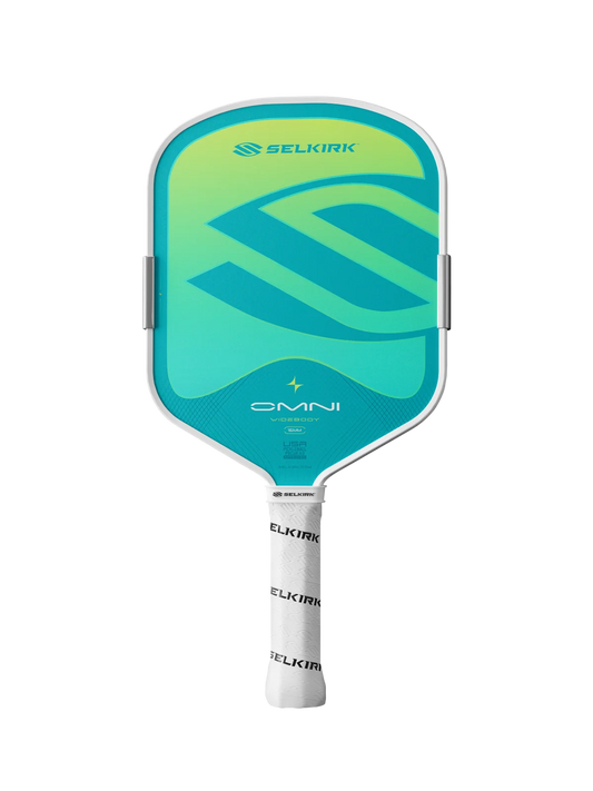 The Selkirk OMNI Widebody 16mm Pickleball Paddle by Selkirk features a turquoise face with a bold “S” logo and a white handle wrapped in branded grip tape, making it an all-court paddle designed to elevate your pickleball game.