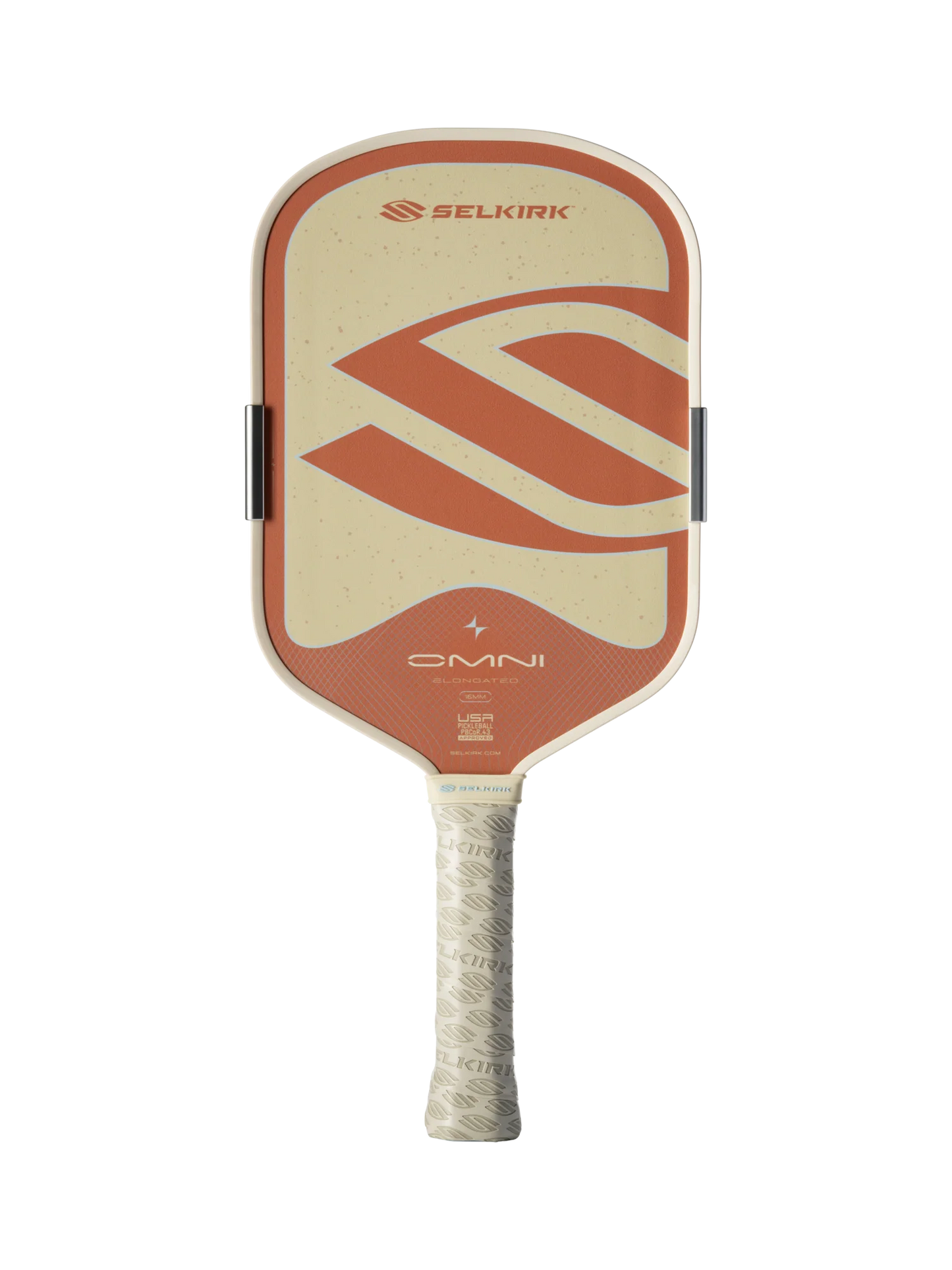A Selkirk OMNI Elongated 16mm Pickleball Paddle with a beige and orange face and white grip, shown on a plain white background.