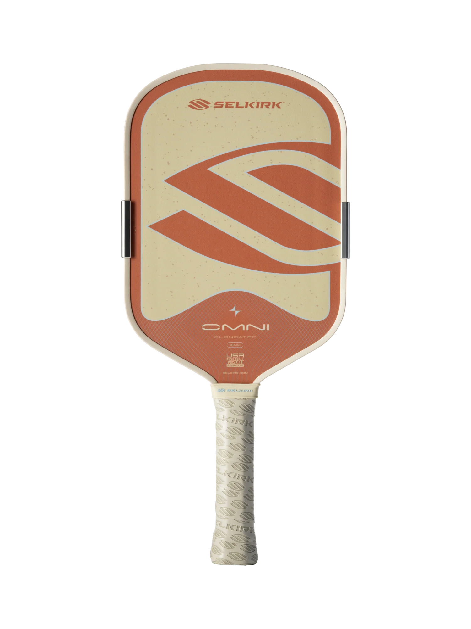 A Selkirk OMNI Elongated 16mm Pickleball Paddle with a beige and orange face and white grip, shown on a plain white background.