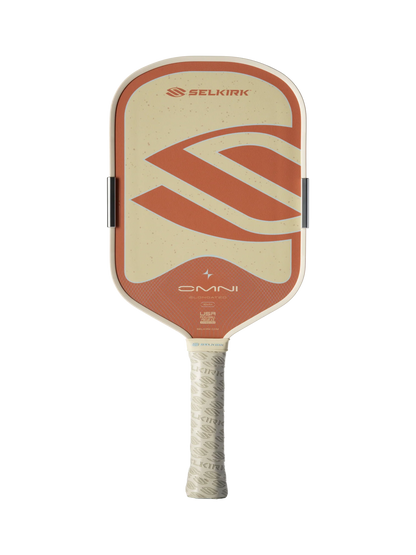 A Selkirk OMNI Elongated 16mm Pickleball Paddle with a beige and orange face and white grip, shown on a plain white background.