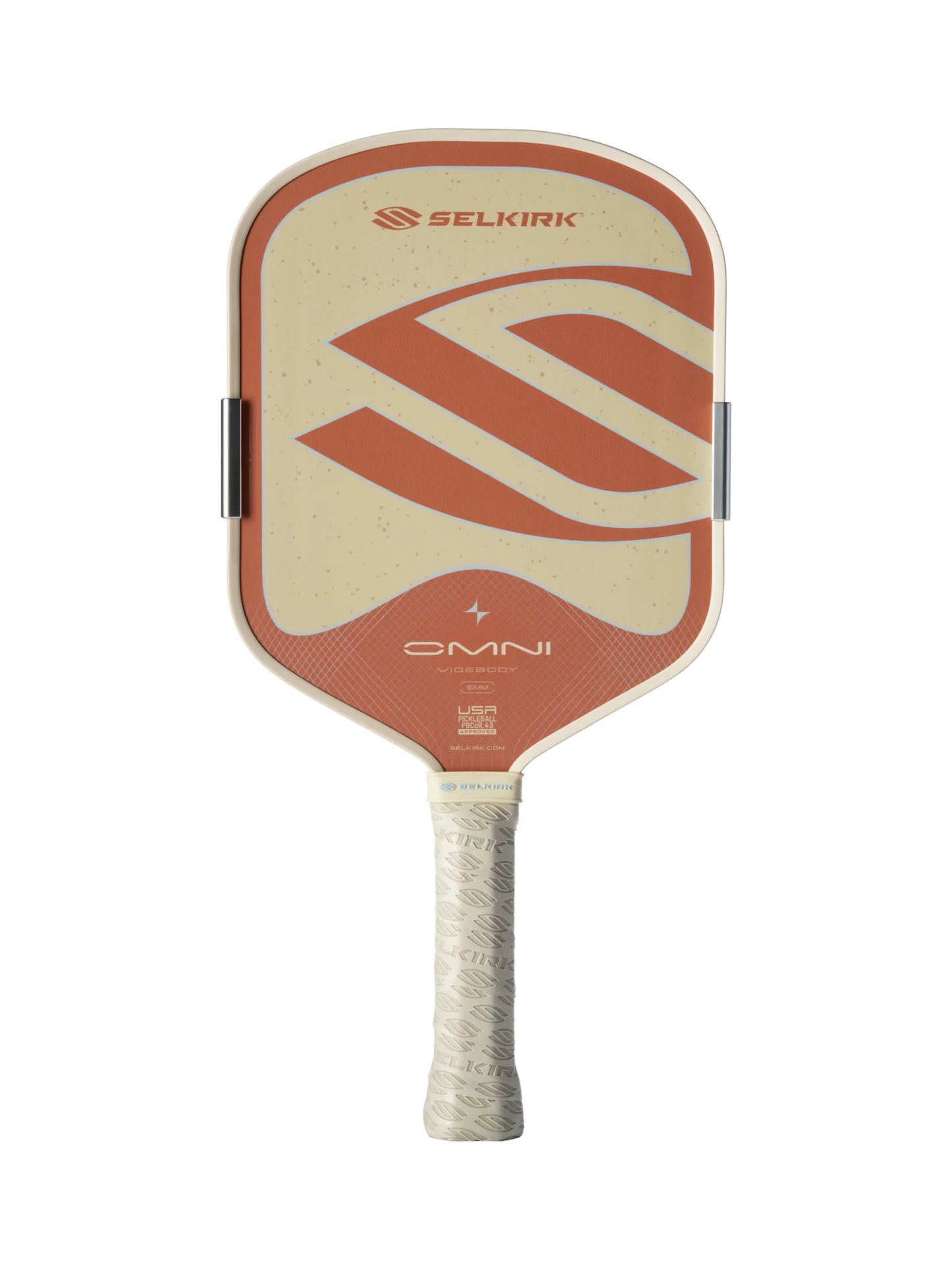 The Selkirk OMNI Widebody 16mm Pickleball Paddle features a beige and orange design, textured grip, and Selkirk logo—perfect for versatile all-court play.