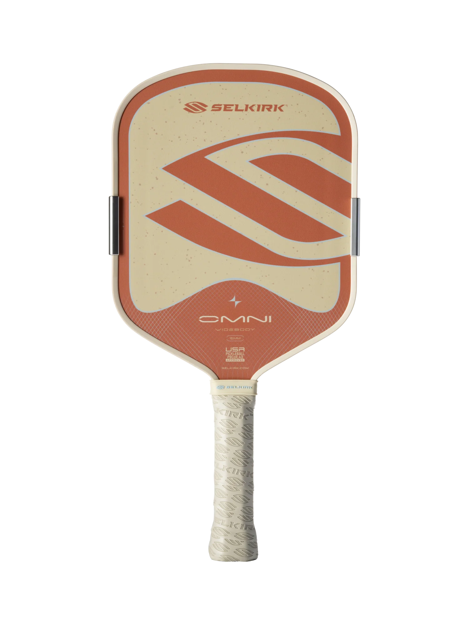 The Selkirk OMNI Widebody 16mm Pickleball Paddle features a beige and orange design, textured grip, and Selkirk logo—perfect for versatile all-court play.