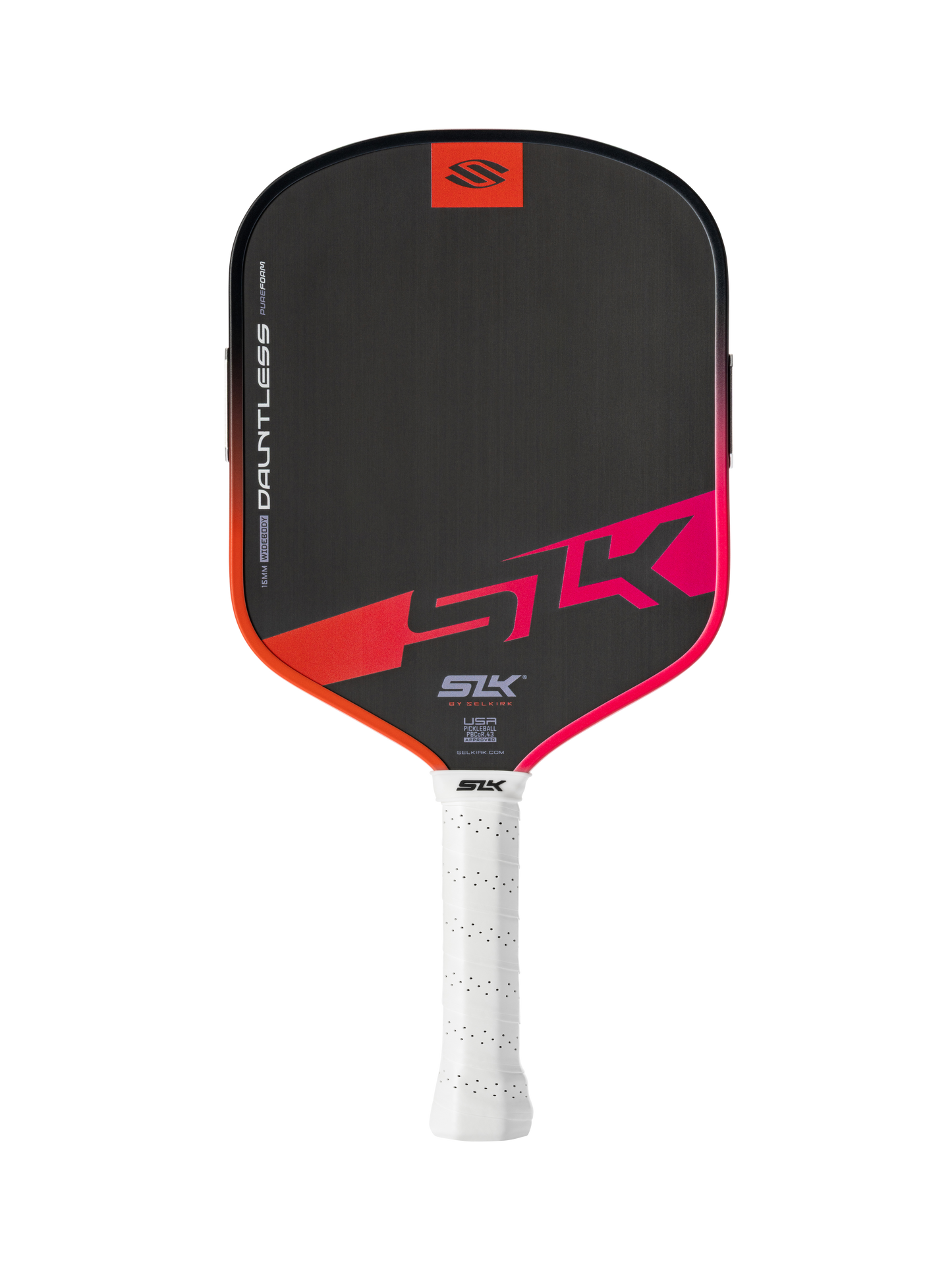 The Selkirk SLK Dauntless Widebody 16mm Pickleball Paddle features a black and red design with a white perforated grip, displayed on a plain white background.